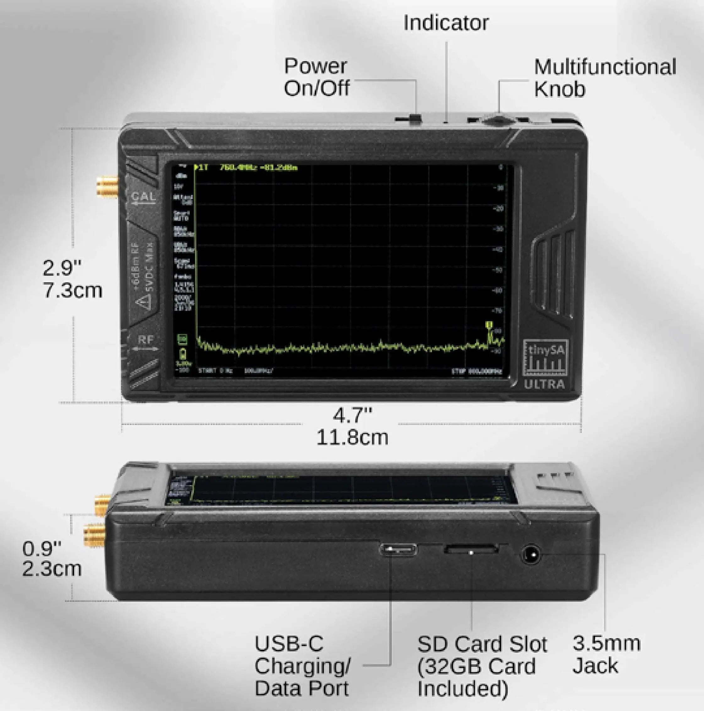 tinySA Ultra dimensions and location of features. (Courtesy: Radioddity.com)